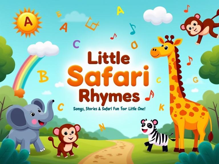 Design a bright YouTube channel banner for Little Safari Rhymes with colorful jungle landscape featuring smiling animated animals such as elephants, giraffes, pandas, zebras, and monkeys. Include a blue sky with fluffy clouds and a rainbow. Add musical notes, playful alphabet letters (A, B, C) and numbers (1, 2, 3) scattered around. Use vivid cartoonish style. Center text for visibility.