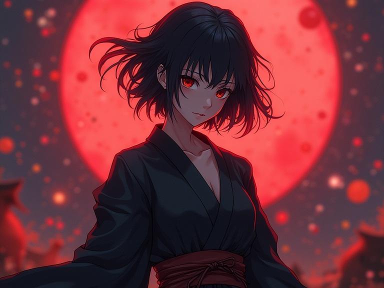 Anime style character with black short hair wearing a black kimono. The character has red eyes and stands against a large red moon. The setting is dark and cinematic with a dramatic atmosphere.