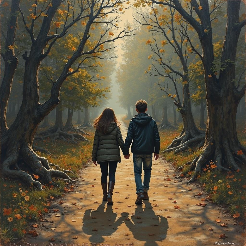 A couple walks hand in hand along a serene autumn path surrounded by trees filled with colorful leaves. The atmosphere is peaceful and full of warmth. The image conveys a feeling of companionship and love.