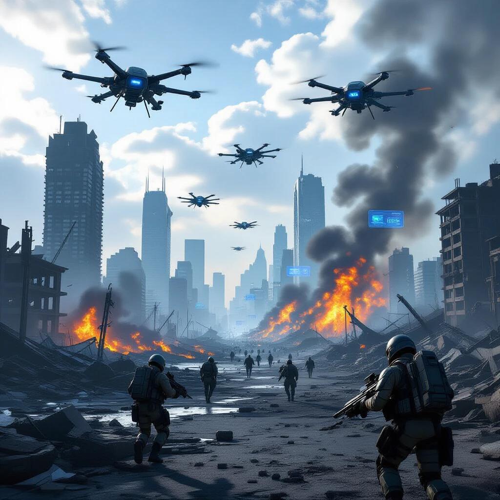 Chaotic battlefield with post-apocalyptic city. Autonomous military drones attack over destroyed skyscrapers. Fires burning in distance, smoke clouds present. Soldiers wearing exosuits on ground, blue HUD interfaces visible. Realistic textures, sharp lighting, dark gritty colors.