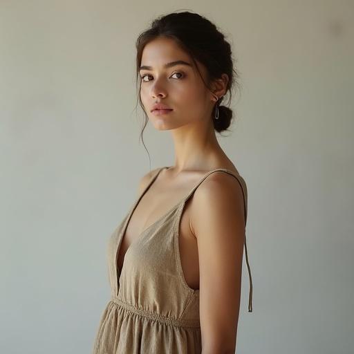 Full body portrait of a beautiful European village woman. Woman stands gracefully with an elegant symmetrical face. Porcelain-like flawless skin. Soft maternal aura. Warm almond-shaped eyes with long lashes. Naturally light brown hair tied back. Wearing a tasteful linen dress in earthy tones. Dress flows naturally to the floor. Poised posture that exudes confidence.