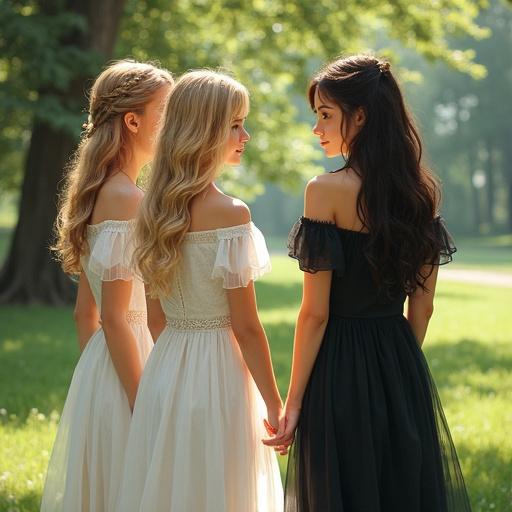 A fairy tale-like illustration in a park setting. Two beautiful blue-eyed blonde women in white dresses converse with two beautiful blue-eyed dark-haired women in black dresses. The scene captures youthful elegance and grace.