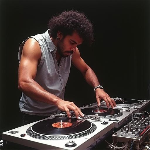 DJ Alceu Peres Paiva from Brazil performing highly skilled turntable tricks during the 1992 Ortofon World DJ Mixing Championships eliminations. The DJ is focused on two turntables positioned closely with a mixer on the right. In an atmosphere showcasing music and nightlife.