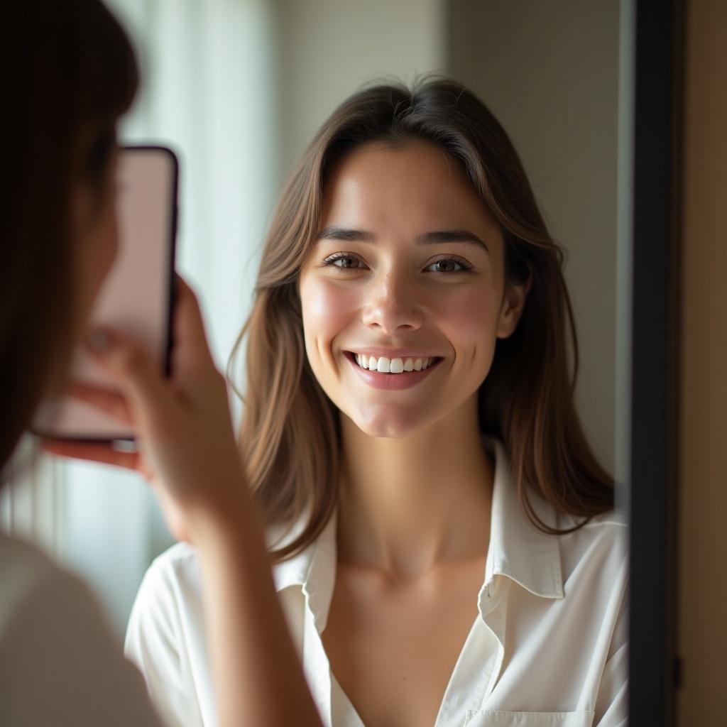 Young woman takes a selfie in the mirror using a smartphone. She is smiling joyfully. The setting has soft natural lighting. The focus is on her face, offering a close-up view.