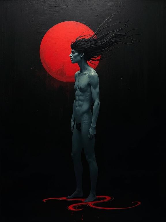 Digital oil painting with surreal smooth strokes. Black background featuring noir elements. Flat colors convey a minimalist style. Unique silhouette design captures a surreal expression of trauma and loneliness through color and motion.