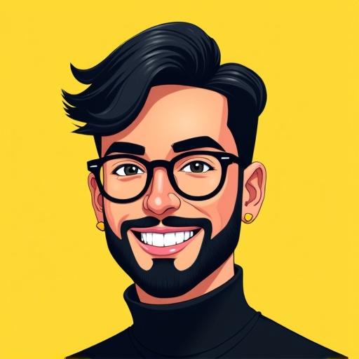 Digital avatar of a masculine person with tousled black hair. Neat black beard. Friendly expression. Round black glasses. Wearing black turtleneck. Gold earring. Bright pastel yellow background. Clean and vibrant art style.