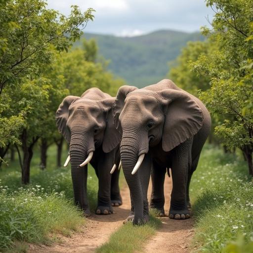 Pack of elephants walking in an orchard with green trees and grass. Two elephants close together on a path through the orchard.