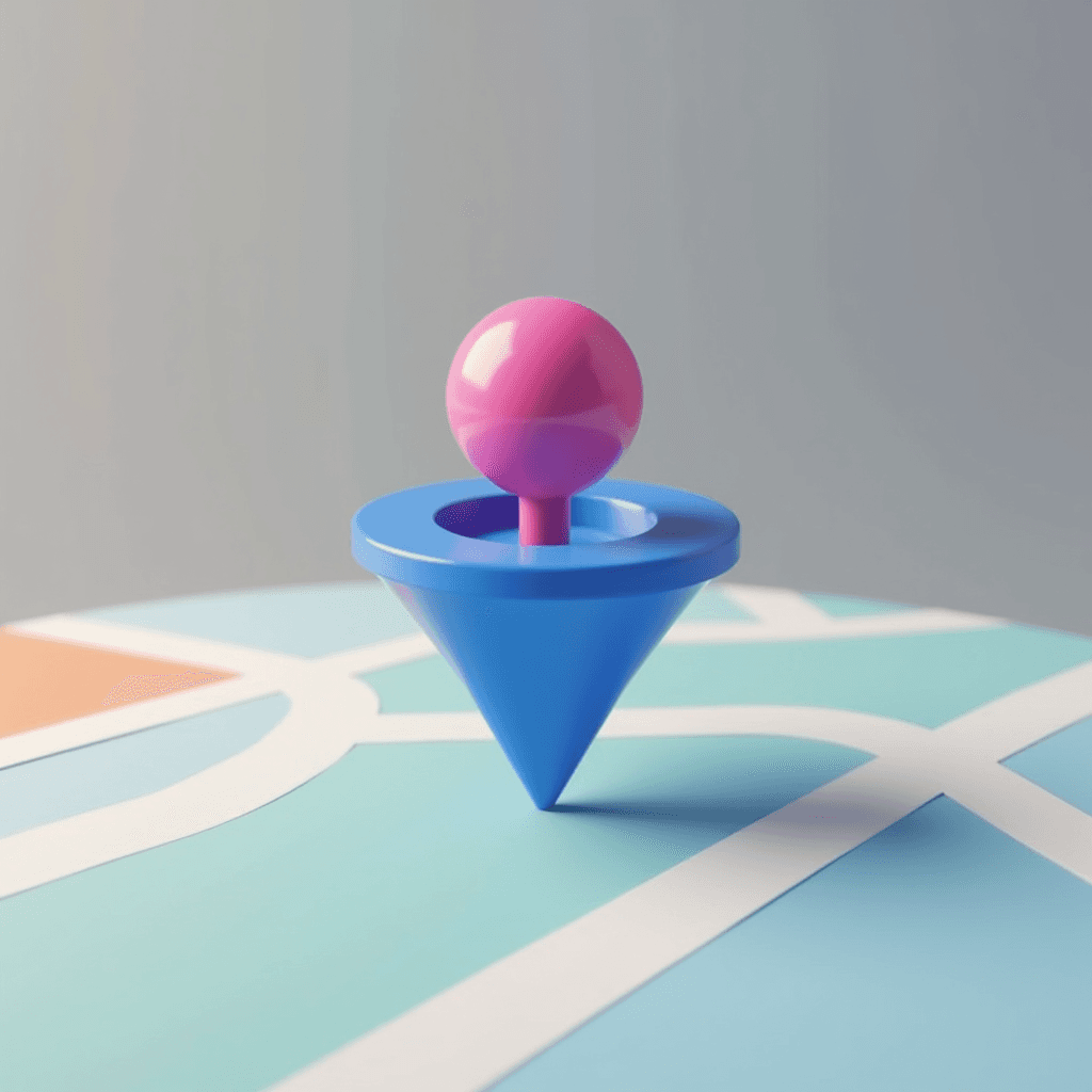 A 3D illustration of a map with a blue, pink, and red location pin.