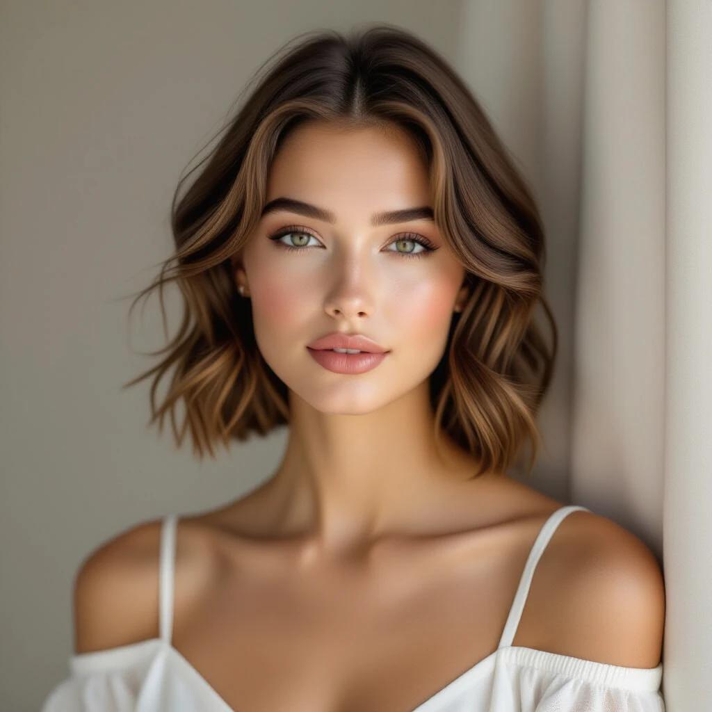 Young woman with short light brown hair and pale skin. She stands confidently with a gentle expression. Background is soft and elegant. Her beauty showcases contemporary fashion. Upper body is highlighted with delicate clothing.