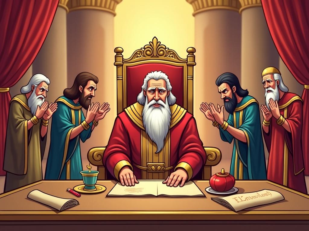 In ancient Babylon, a cheerful cartoon illustration depicts governors dramatically bowing before a thoughtful king in his royal court. The king, dressed in resplendent red and gold attire, sits majestically on a throne surrounded by golden decorations and rich red curtains. He has a wise appearance with white hair and a beard, focused as he signs a scroll with a serious expression. The governors are clad in royal robes, their faces expressing wicked intentions, contrasting their formal attire. The atmosphere captures the grandeur of the setting, blending humor with the seriousness of the king's responsibilities.