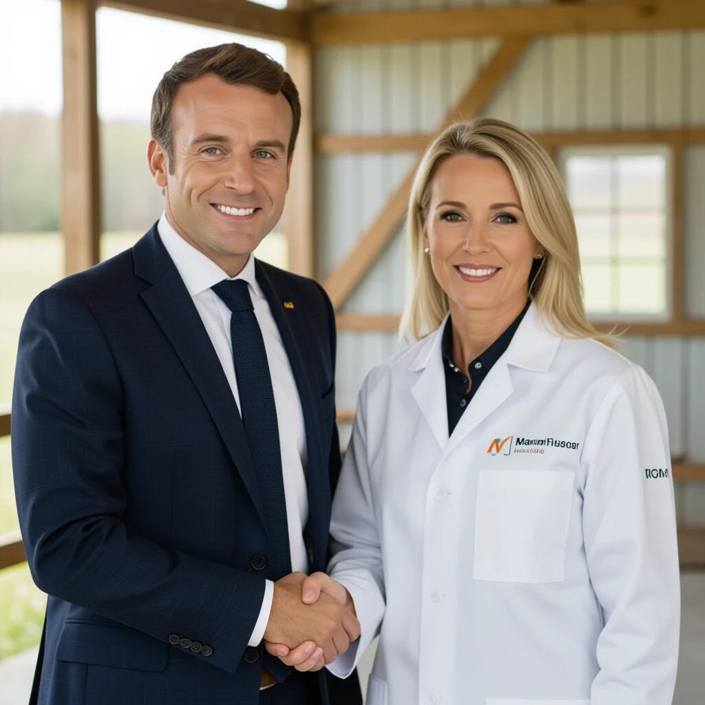 Handshake between two professionals in a farm setting. One person in a suit and the other in a lab coat. The background shows a rustic farm structure. Natural outdoor environment with greenery.