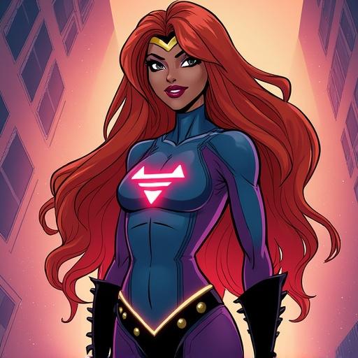 Character in superhero costume with long red hair. She has a confident pose and a strong facial expression. Background features tall buildings with a colorful gradient.