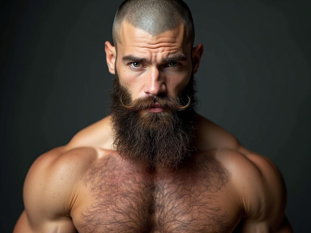 Portrait of a young man with green eyes and a shaved head. He has a long, full beard. His muscular physique is emphasized through a frontal pose. The overall look conveys confidence and allure.