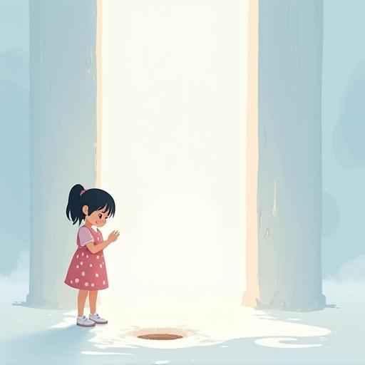 Illustration of a girl experiencing emotion in a foggy environment. Girl stands in front of two columns, one is missing. Scene conveys loss and hesitation. Soft colors and gentle lighting create a dreamlike quality.