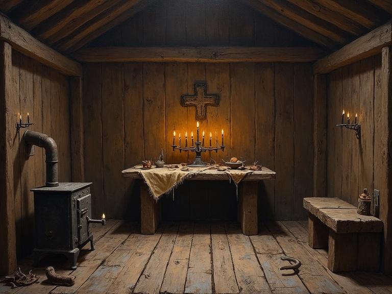 Oil painting of a small medieval chapel. Interior features a wooden altar with candelabrum. Dim lighting from candles creates a solemn atmosphere. Dark timber walls and uneven structure highlight rustic charm. Symbol of Sigmar painted on the wall. Chairs and tools scattered around. Captured in an intimate and detailed style.