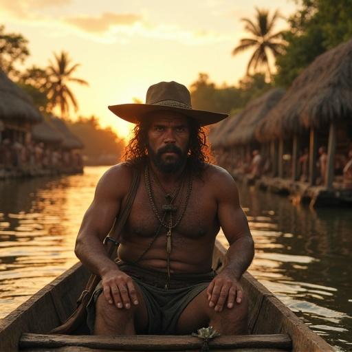 A European explorer travels on the Amazon river. Canoe surrounded by indigenous villages. Large wooden structures in the background. Warm golden light of sunset. Historical cinematic realism style.
