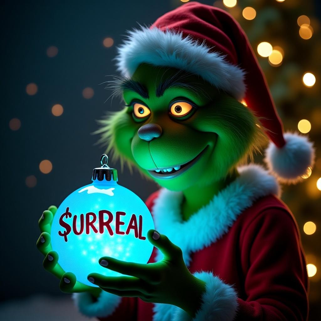 Grinch character holds glowing blue Christmas ornament with name $URREAL. Ornament lights dark background with twinkling Christmas lights. Creates magical and festive Christmas atmosphere.