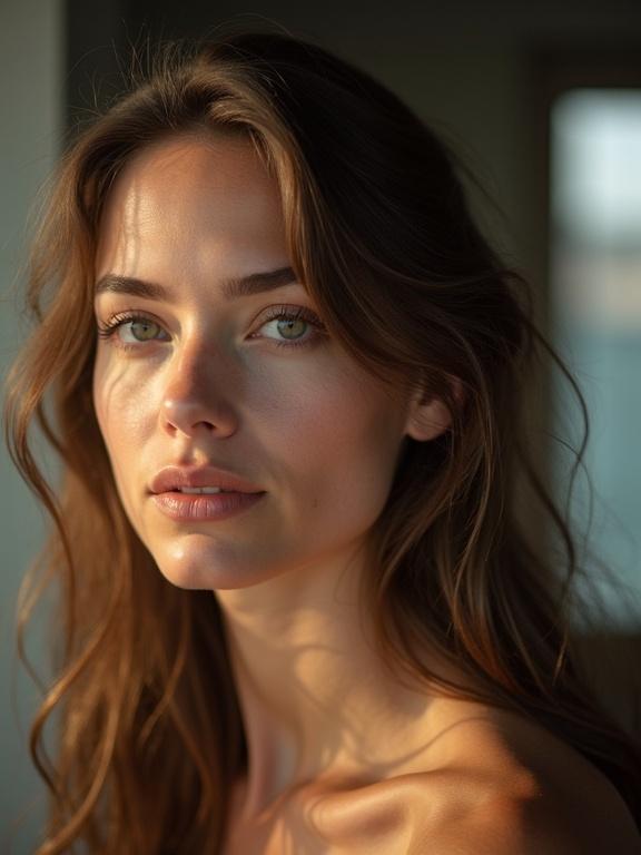 Woman captured in a medium shot. The image displays a relaxed pose. The subject has long flowing hair. The focus is on the shoulders and upper body. The lighting is soft and creates a warm glow around the subject.
