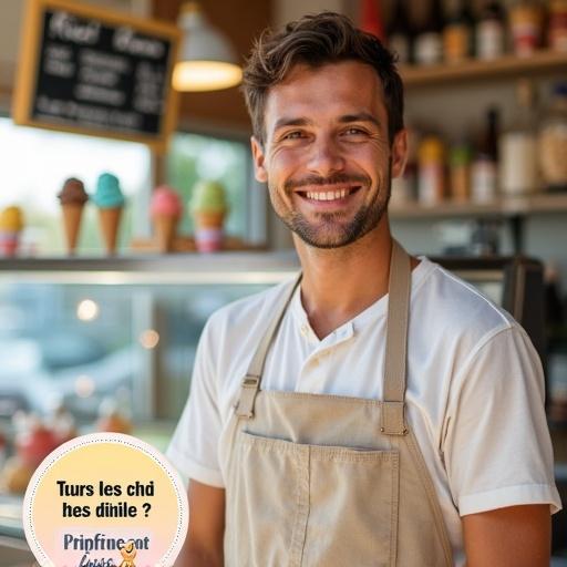 Photographic Instagram Story slide featuring a smiling ice cream vendor. Bright authentic ice cream display counter in background. Light reflects pastel colors. Modern apron worn by vendor. Soft natural light creates a sunny feel. Text overlay with French call-to-action. Scrapbook elements added for summer vibe.