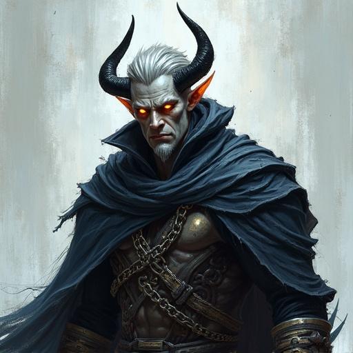 Tall male tiefling with ash-gray skin glowing amber eyes silver hair black horns chainmail and cloak. Digital oil painting style with rough expressive brush strokes textured surfaces thick ink outlines comic realism gritty highlights and shadows high-contrast lighting dramatic expression matte rendering hand-painted look.