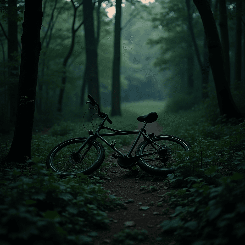 A bicycle resting on a serene forest path surrounded by lush greenery.