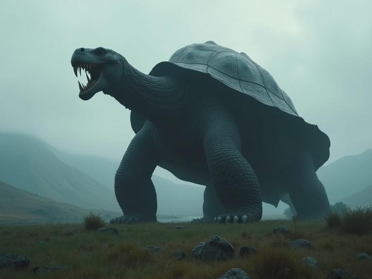 Dark cinematic scene featuring a massive tortoise standing in a grassy field with hills and mountains. Creature has tusks, thick shell, and claws. Misty atmosphere with clouds and details of landscape.