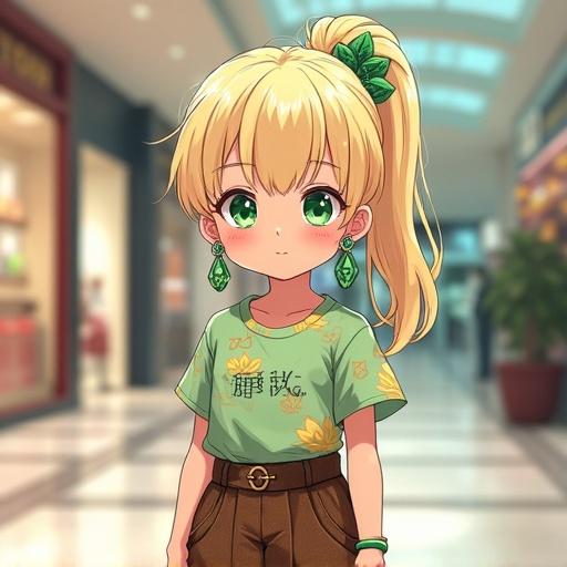 A little girl with emerald green eyes. She has a light blonde ponytail and is wearing a cute Louis Vuitton printed shirt and an argyle skirt. The scene is set inside a modern luxurious mall. Illustrates a blend of anime and futuristic technology.