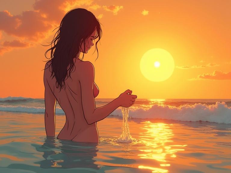 Naked cartoon woman show back to sun holding sand at the shore during sunset. Background features ocean waves and colorful sky. Inspired by artists Victo Ngai, Greg Rutkowski, Artgerm, WLOP.