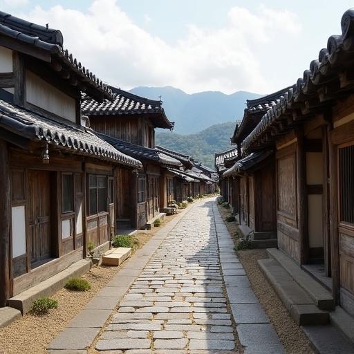 Traditional Korean houses line a cobblestone path in Bukchon Hanok Village. Mountains rise in the background under a blue sky. The village shows a blend of nature and history.