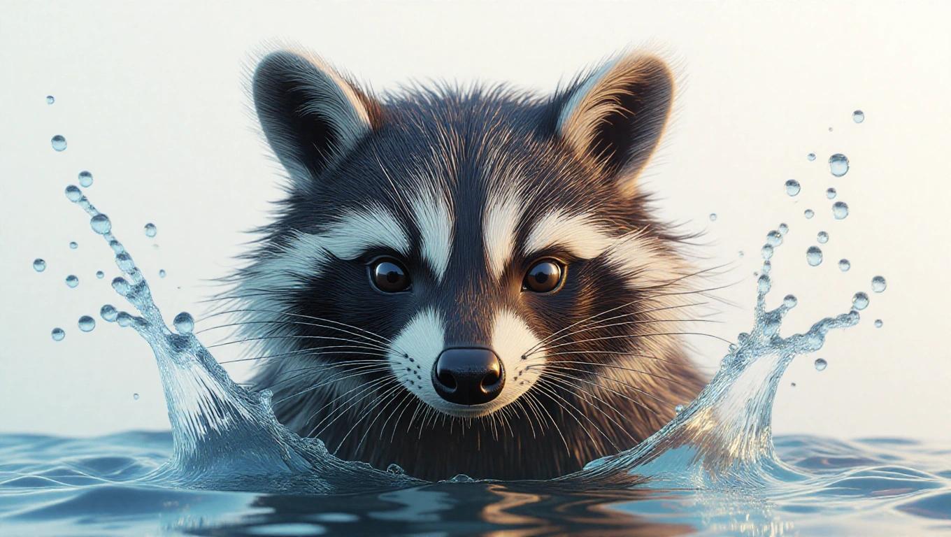 Photo of a raccoon in water. Captures detailed features and fantastical elements. Represents wildlife and fantasy art in high resolution.