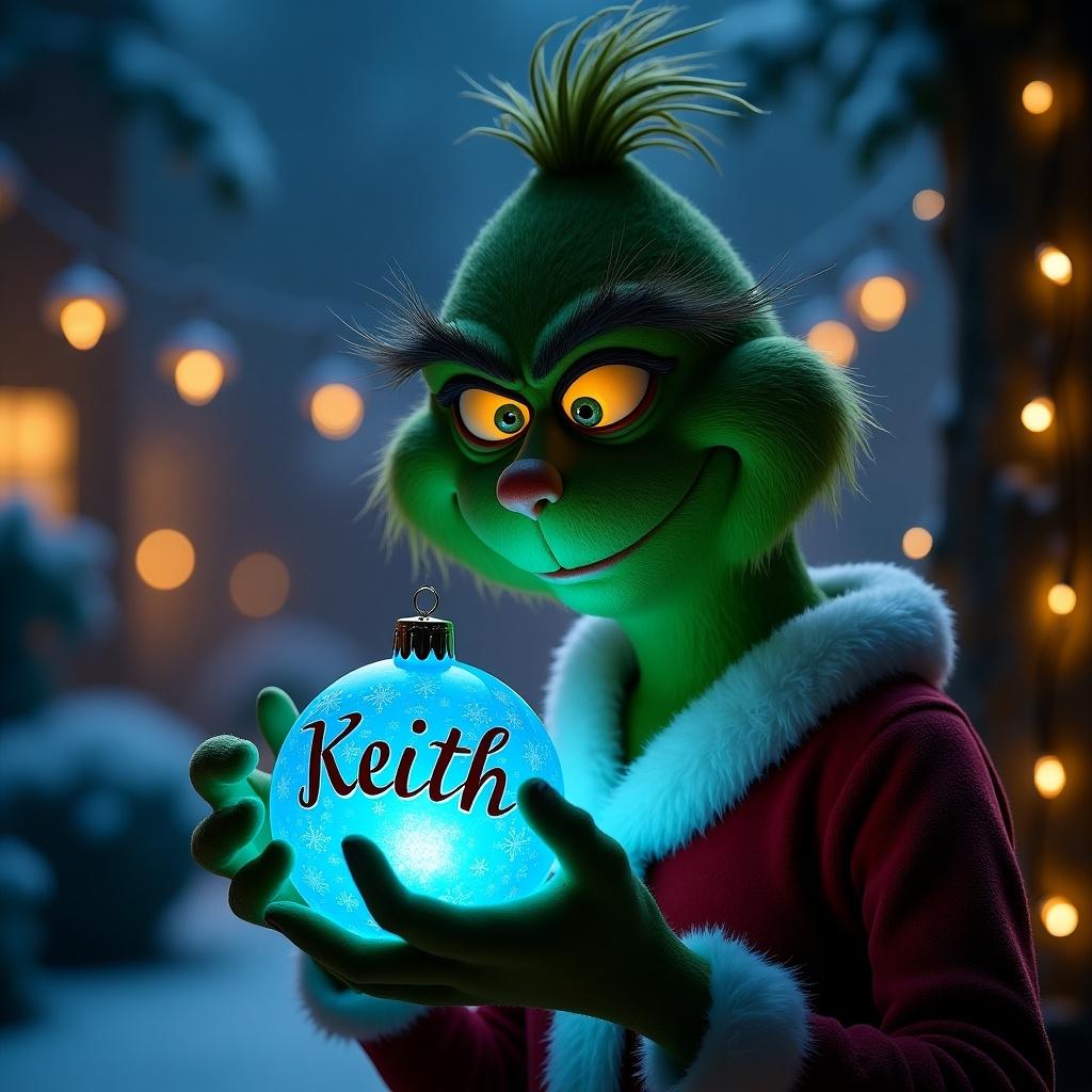 A serene night garden is depicted. The Grinch holds a glowing blue Christmas bauble. The bauble features the name Keith in an elegant script. Twinkling Christmas lights enhance the magical ambiance.