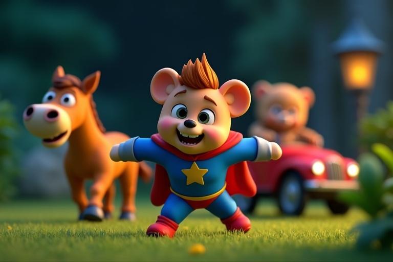 Dynamic scene showcases Sparky wearing a red cape and blue suit. Sparky leads Teddy on a horse and a small car through a garden at night. Characters are upright in human-like outfits. Determination is visible on their faces. The setting is vibrant with greens, blues, and yellows contrasted against a dark background.