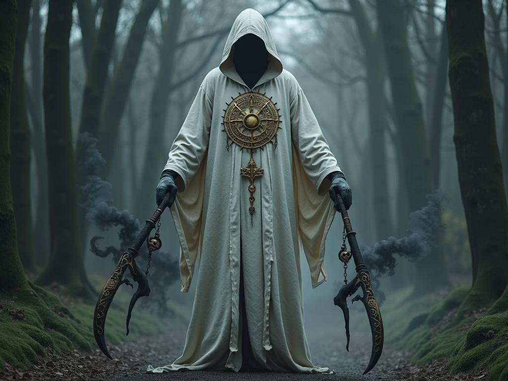 Photo-realistic image of a tall slender man in a white hooded tunic adorned with golden demonic symbols and skulls. His face is shadowed by the hood. He wields two reaping hooks with runes and skulls. Black smoke rises from the blades. Magical wisps surround him in a dark forest. Character appears as a demigod from the afterlife. Evokes fear and possesses a terrifying aura. Masterpiece in dark fantasy style, detailed photorealism with dynamic lighting.