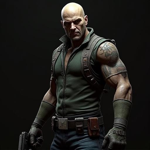Character from a popular survival horror video game. Muscular build. Stern expression. Tactical clothing and gear. Gun in hand. Dark and dramatic atmosphere.
