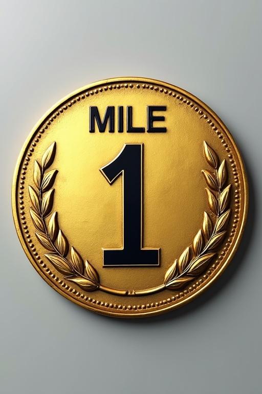 Coin shaped design with mile marker sign style featuring the text 'MILE 1'. The coin is golden with a laurel wreath.