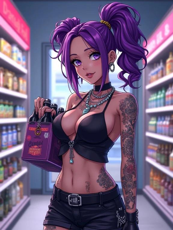 Anime character shopping in a convenience store. Focus on a beautiful woman with purple hair. She has exotic tattoos and wears edgy biker gang apparel. Ambient light highlights her features and fashionable outfit. She holds a case of flavored beer. Modern and luxurious interior. Her eyes glisten with an amethyst hue. Elevated view emphasizing her attire and setting. Store shelves filled with products in the background. Fashion and lifestyle elements present.