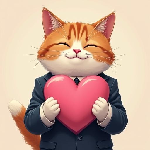 A semi-realistic cat in a suit holding a pink heart with both paws smiling sweetly with eyes closed.