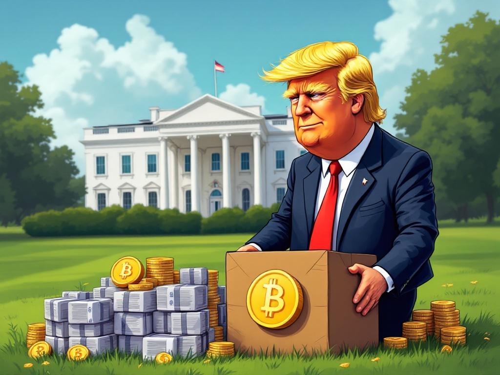 Cartoon of Donald Trump on the White House lawn. Selling crypto memes. Surrounded by stacks of money. Depicted in a playful style reminiscent of Tom Troles.