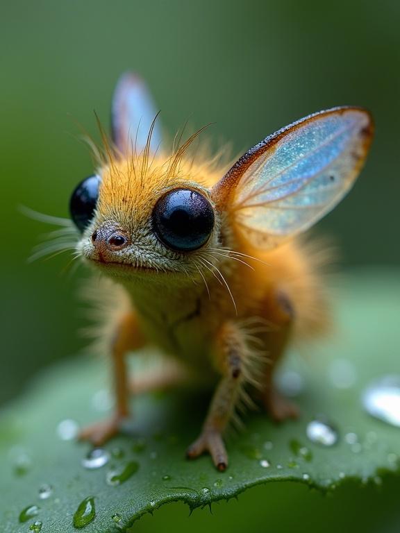 Miniature hybrid creature with oversized eyes and fluffy fur. Side view. Exhibiting characteristics of a plant, fungi, algae, mammal, insect, and bird. Perched on moistened foliage dotted with raindrops. Iridescent wings unfurling. Captured in tiny world essence with 90mm camera lens focus. Showcasing microscopic textures.