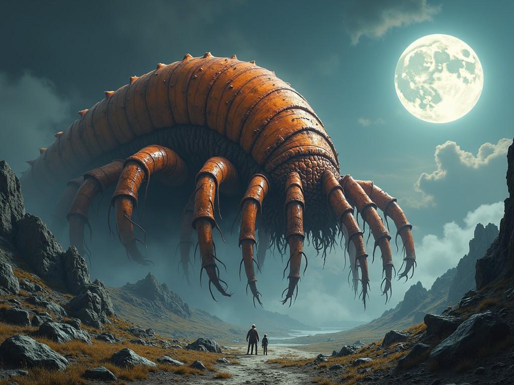 In this surreal artwork, a massive, armored annelid-like creature looms over a rocky landscape under a full moon. The orange, metallic texture of the creature contrasts with the darkened, mysterious terrain, as two tiny human figures stand dwarfed, emphasizing the scale and alien nature of the scene. The image evokes a sense of wonder and trepidation, suggesting a narrative of exploration and confrontation with the unknown.