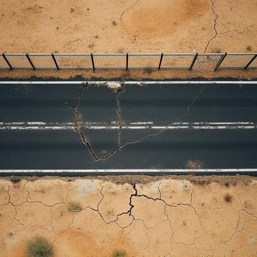 Top-down view of cracked desert ground connecting to a damaged black road with white lines extending horizontally. Above the road is a chain-link fence.