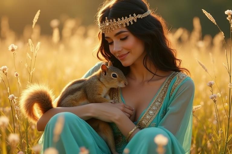 Golden sunlight bathes grassland scene. An Arabian princess wears turquoise embellished outfit. She holds a golden-brown squirrel close with affection. Squirrel's babies play around her. Soft eyes and warm smile express enchantment. Fluffy tail drapes on her arm. Hair spills over shoulder. Wildflowers bloom around them. Captures harmony between princess and nature.