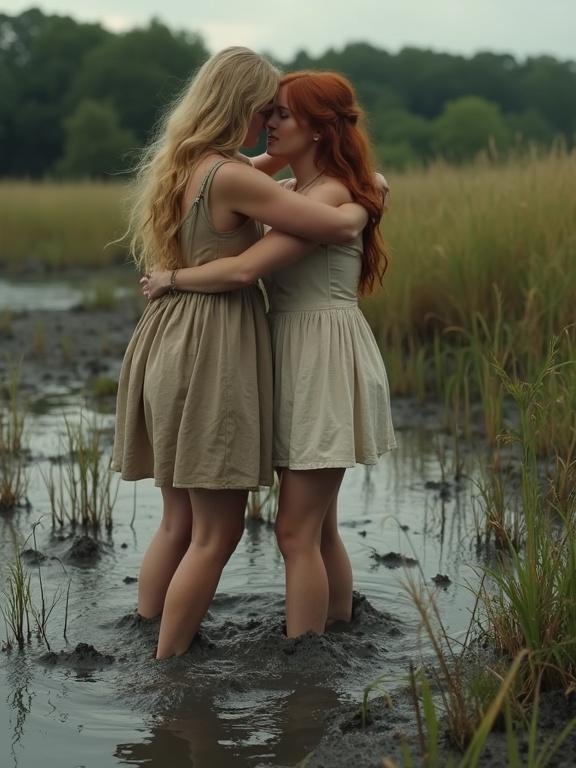 Two women in summer dresses standing in quicksand. One blonde woman is chest deep while the redhead clings to her. The quicksand is dark and muddy with tufts of grass. The scene expresses their emotional struggle.