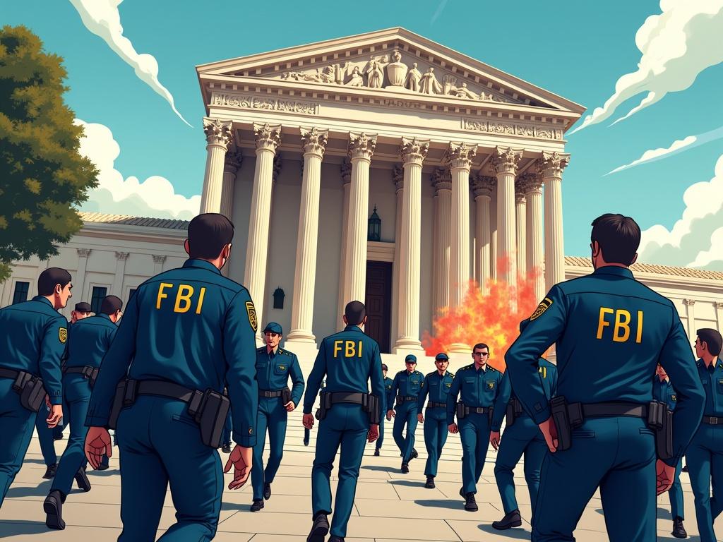 Cartoon illustration depicts FBI agents storming the Supreme Court. Agents wear blue uniforms. Scene features bright daylight. Fire visible in the background.