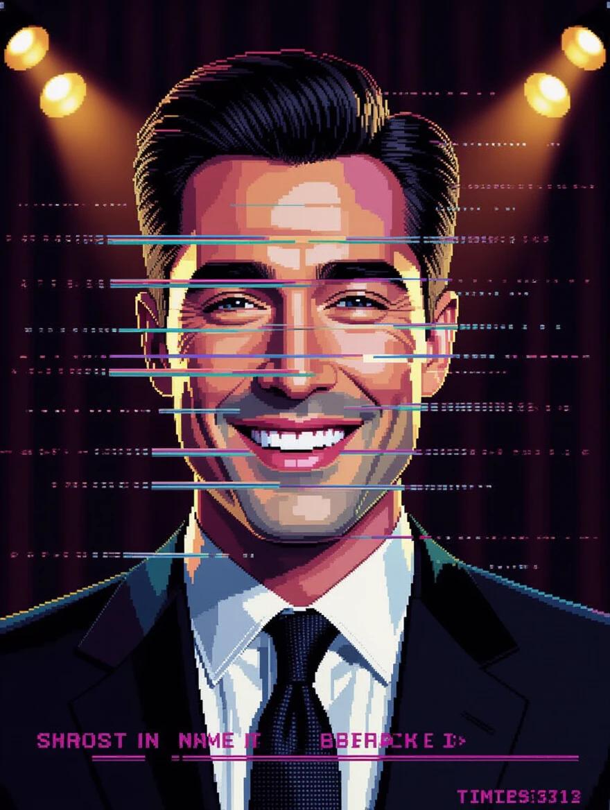 A digital portrait of a male figure in a broken TV broadcast. Caught in a mid-smile, features distorted by glitches. Sharp facial structure with pixelation effects. Elegant suit with flickering texture. Background features stage lights and static overlays. Scanlines and timecode visible. Expression deconstructs in a malfunctioning loop.