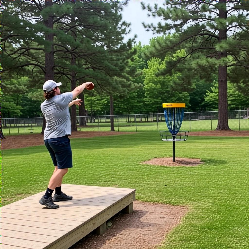 Person prepares to throw disc towards disc golf basket. Wooden platform positioned on grass. Park setting includes trees and a fence in background.