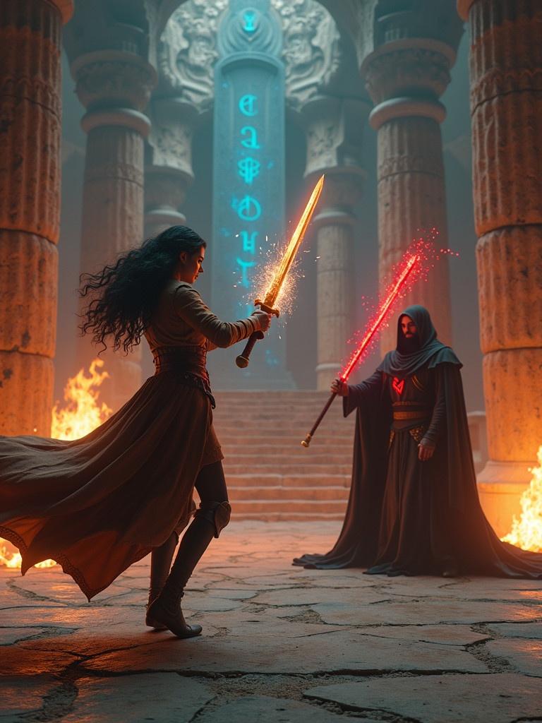 This image depicts a hyper-realistic cinematic still of a fierce final duel between Gina and Rashid in an ancient throne room. Gina, a Latin warrior, leaps mid-air, her battle-worn leather attire and glowing sword contrasting against her adversary. Rashid, the ominous sorcerer, stands ready with his crimson staff, channeling dark energy. The backdrop is dramatic, featuring towering stone pillars etched with glowing runes and a shattered throne surrounded by flames. The dynamic lighting adds an epic feel, highlighting both characters as they clash in an intense moment of battle.