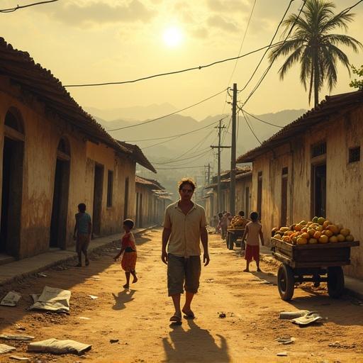 Wide-angle shot of a young man walking through a dusty Colombian street. Children play barefoot behind him. Street vendors sell fruit from wooden carts. Sun casts a golden hue. Weathered rooftops around. Faded, cracked houses full of life. Hazy hills in distance. Broken pavement and scattered newspapers in foreground. Style emulating GTA poster art.