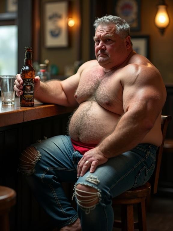 A strongman sits on a bar stool in a pub. He holds a beer bottle in one hand. Muscles are well-defined. Tattered jeans only cover the lower body. Focus is on the man’s imposing physique. Shot from knee level for dramatic effect.