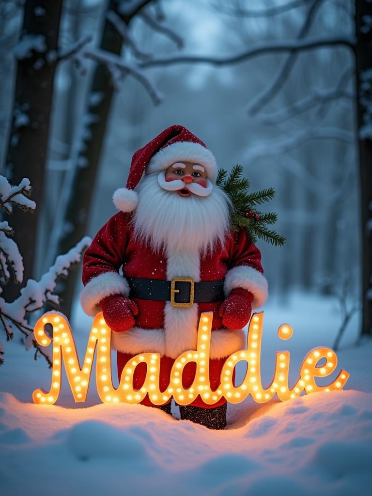 Magical Santa Claus figure in a snow-covered forest. The name Maddie is shown in glowing lights. Santa Claus stands in a forest covered in snow. The snowy backdrop creates a magical atmosphere. The name Maddie is illuminated in glowing lights.